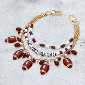 Burgundy Gold GAME DAY Football Dangle Charms Heishi Beaded Layered Purse Chain